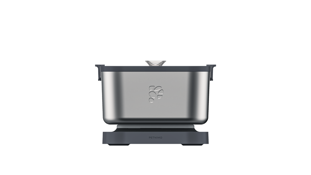 A modern stainless steel fountain with a dark gray base and matching lid, shown from a front-facing perspective on a solid white background.