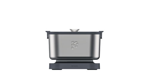 A modern stainless steel fountain with a dark gray base and matching lid, shown from a front-facing perspective on a solid white background.